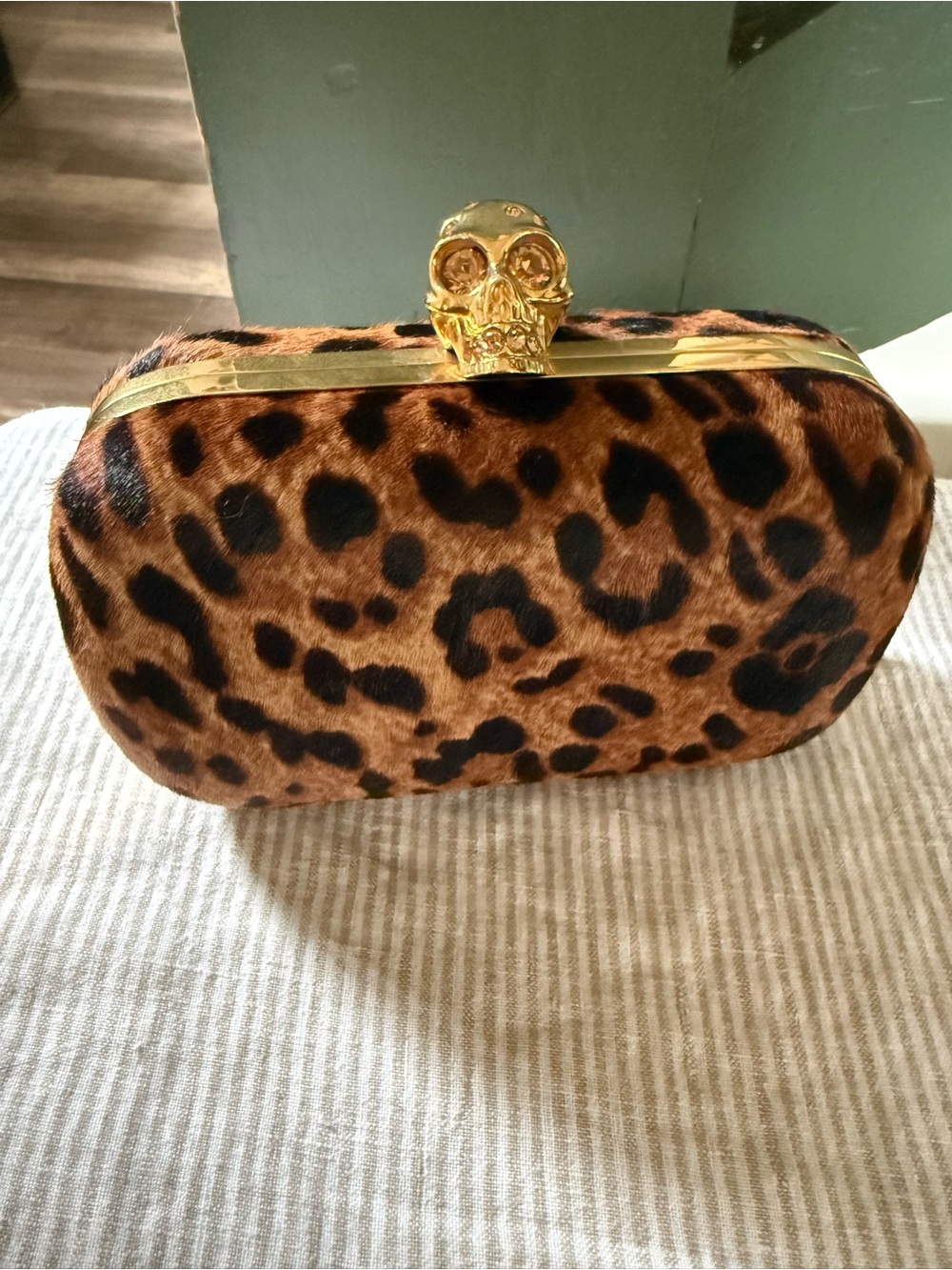 New Alexander McQueen Leopard print calf hair skull box clutch